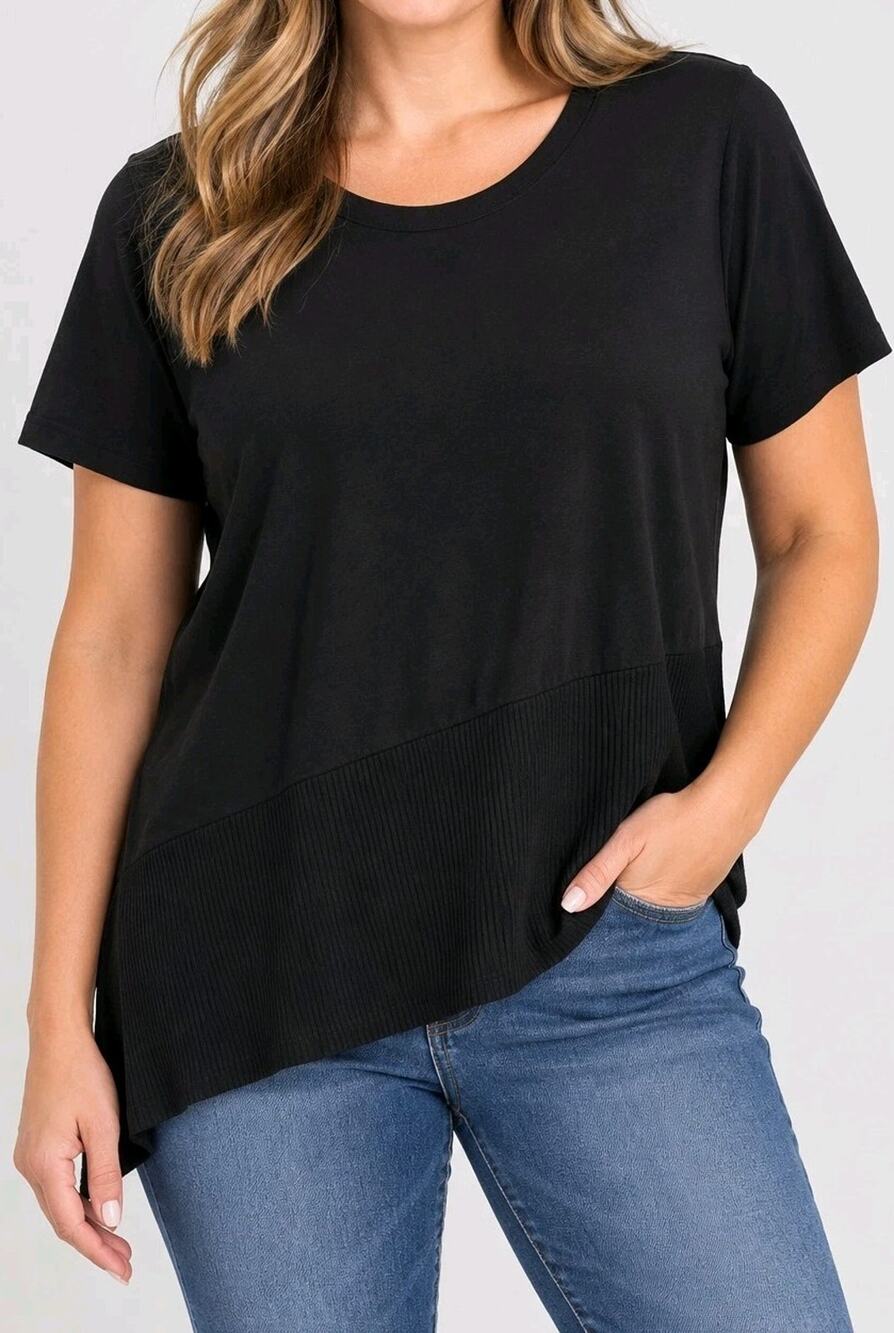 Anybody Size 1X Black Cozy Knit Asymmetrical Ribbed Hem Knit Top A689696 NWOT